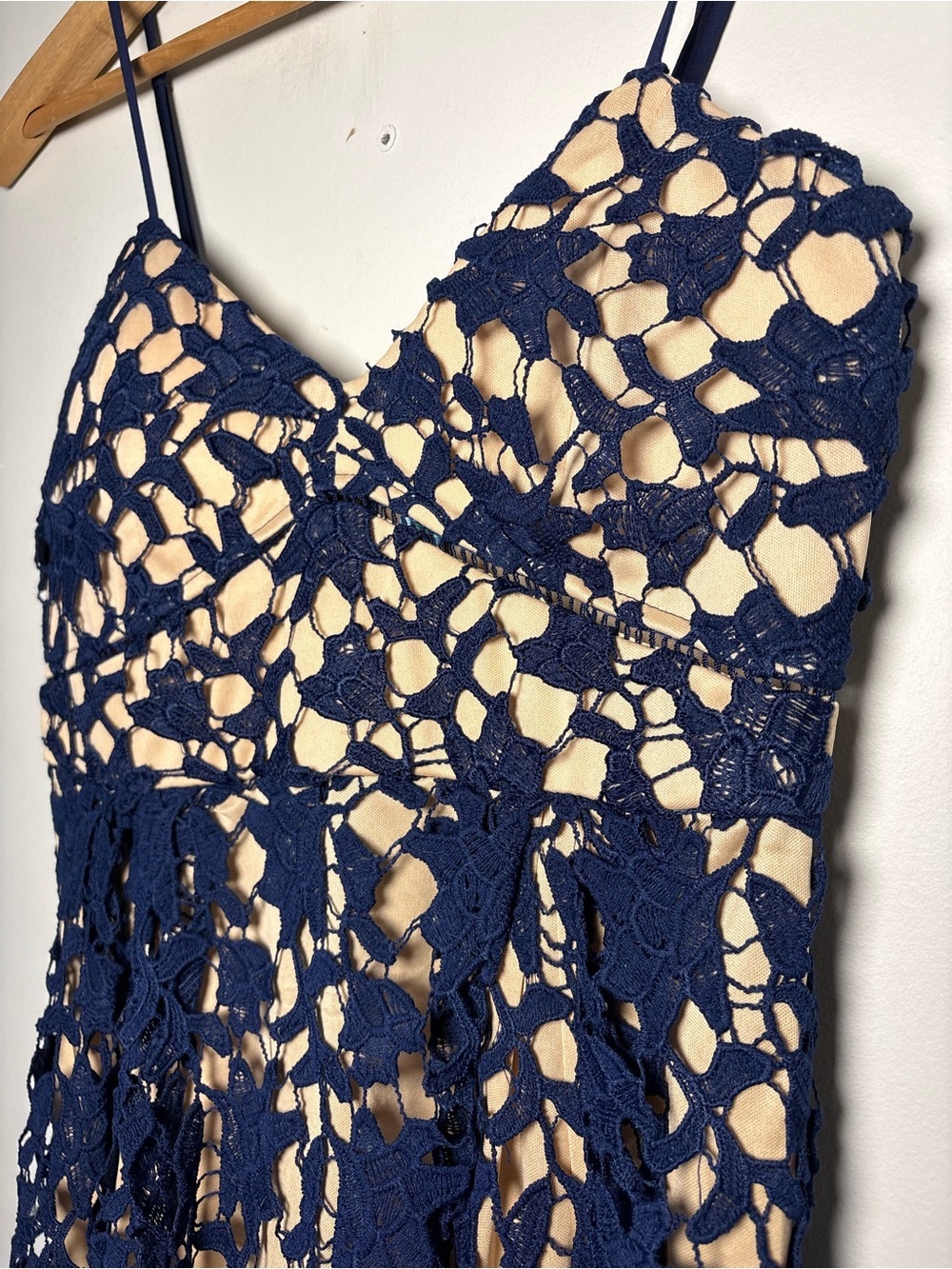 Francesca’s Navy Blue Lace Crochet Fit & Flare Dress Nude Lining Small Cocktail - Picture 10 of 10